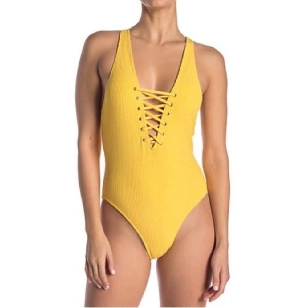 Tinibikini Yellow Lace Up V-Neck Ribbed One-piece Swimsuit